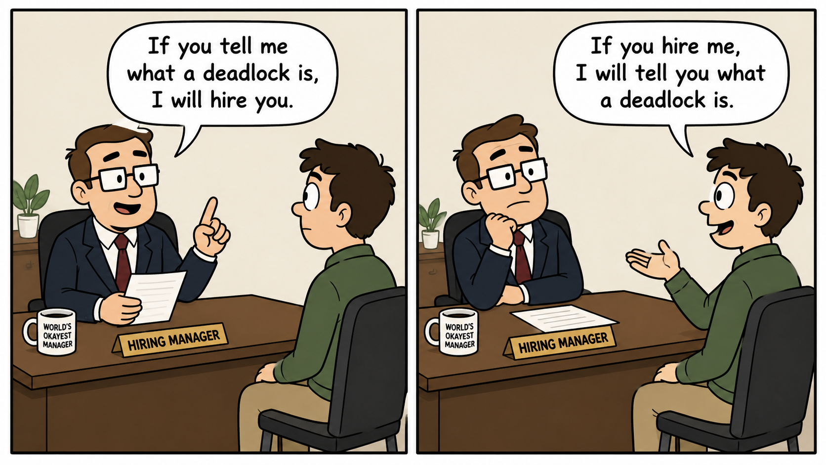 A hiring manager tells a candidate: “If you tell me what a deadlock is, I will hire you.” The candidate replies: “If you hire me, I will tell you what a deadlock is.”