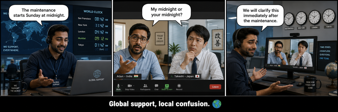 Three-panel comic: a support engineer on a call says “The maintenance starts Sunday at midnight.” A colleague in India and a colleague in Japan, joining from different time zones, ask “My midnight or your midnight?” The engineer replies “We will clarify this immediately after the maintenance,” surrounded by clocks showing San Francisco, New York, London, Mumbai, and Tokyo. Caption: “Global support, local confusion.”