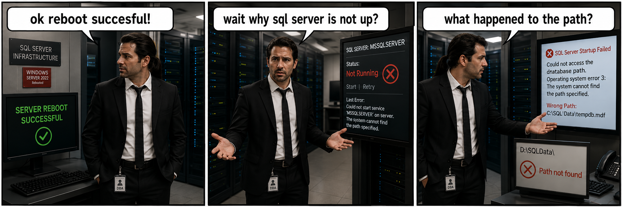 Three-panel comic: a DBA in a server room says “ok reboot succesful!” next to a screen reading “SERVER REBOOT SUCCESSFUL.” He then says “wait why sql server is not up?” as a screen shows SQL Server service MSSQLSERVER “Not Running” with the error “Could not start service ‘MSSQLSERVER’ on server. The system cannot find the path specified.” Finally he asks “what happened to the path?” as a screen shows “SQL Server Startup Failed… Wrong Path: C:\SQL\Data\tempdb.mdf” next to another screen reading “D:\SQLData\ … Path not found.”
